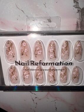 Nail Reformation Cherry Blossom Floral Press-On Nails with Gold Branch Accents